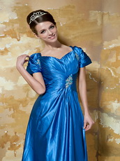 Royal Blue V-neck Floor-length Taffeta Prom Dress With Short Sleeve Inexpensive