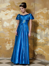 Royal Blue V-neck Floor-length Taffeta Prom Dress With Short Sleeve Inexpensive