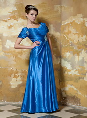 Royal Blue V-neck Floor-length Taffeta Prom Dress With Short Sleeve Inexpensive