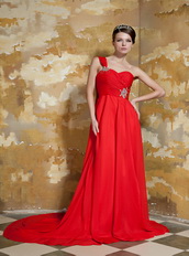 Top Seller One Shoulder Watteau Train Prom Dress By Red Chiffon Inexpensive