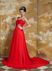 Top Seller One Shoulder Watteau Train Prom Dress By Red Chiffon Inexpensive