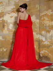 Top Seller One Shoulder Watteau Train Prom Dress By Red Chiffon Inexpensive