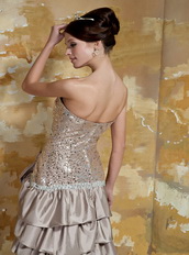 High-low Brown Taffeta Ruffles Skirt and Sequin Bodice Prom Dress Inexpensive