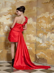 Red One Shoulder Watteau Train Taffeta Prom Dress Custom Fit Inexpensive