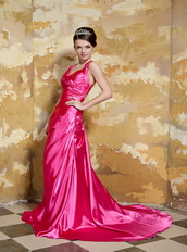 V-neck Cross Back Hot Pink Taffeta Pretty Prom Dress For Wedding Party Inexpensive
