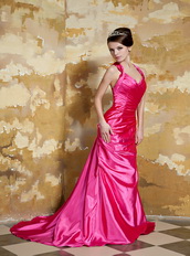 V-neck Cross Back Hot Pink Taffeta Pretty Prom Dress For Wedding Party Inexpensive