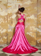 V-neck Cross Back Hot Pink Taffeta Pretty Prom Dress For Wedding Party Inexpensive