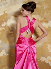 V-neck Cross Back Hot Pink Taffeta Pretty Prom Dress For Wedding Party Inexpensive