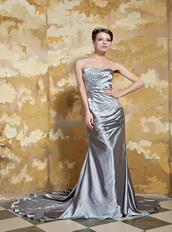 Strapless Court Train Grey Silver Taffta Hand made Prom Dress Beadings Inexpensive