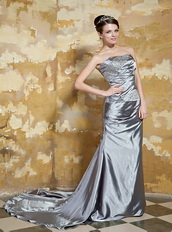 Strapless Court Train Grey Silver Taffta Hand made Prom Dress Beadings Inexpensive