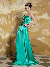 Spring Green Taffta Side Split Prom Dress With Printed Fabric Inside Inexpensive