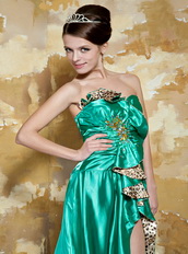 Spring Green Taffta Side Split Prom Dress With Printed Fabric Inside Inexpensive