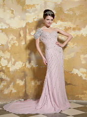 One Shoulder Light Pink Chiffon Slim Prom Dress With Crystals Inexpensive