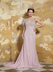 One Shoulder Light Pink Chiffon Slim Prom Dress With Crystals Inexpensive