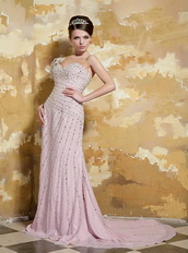 One Shoulder Light Pink Chiffon Slim Prom Dress With Crystals Inexpensive