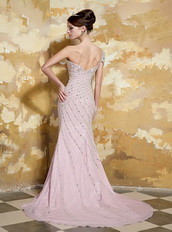 One Shoulder Light Pink Chiffon Slim Prom Dress With Crystals Inexpensive