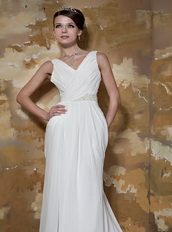 Simple V-neck Chiffon Off White Prom Dress Lace Up Back For Party Inexpensive