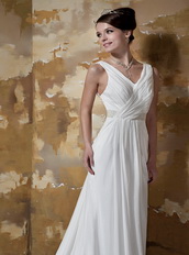 Simple V-neck Chiffon Off White Prom Dress Lace Up Back For Party Inexpensive