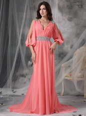 Watermelon Split Sleeves V-neck Sexy Prom Dress Chiffon Inexpensive