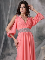 Watermelon Split Sleeves V-neck Sexy Prom Dress Chiffon Inexpensive