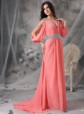 Watermelon Split Sleeves V-neck Sexy Prom Dress Chiffon Inexpensive