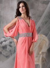 Watermelon Split Sleeves V-neck Sexy Prom Dress Chiffon Inexpensive