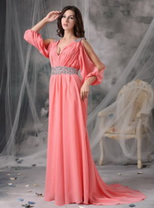 Watermelon Split Sleeves V-neck Sexy Prom Dress Chiffon Inexpensive