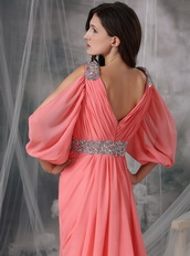 Watermelon Split Sleeves V-neck Sexy Prom Dress Chiffon Inexpensive