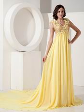 Light Yellow V-neck Sequin Prom Dress With Handmade Flowers