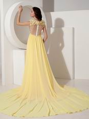 Light Yellow V-neck Sequin Prom Dress With Handmade Flowers