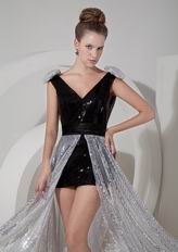 Black Column V-neck Sequin Detachable Evening Cocktail Dress