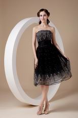 Strapless Tea-length Flaring Black Organza Short Prom Dress