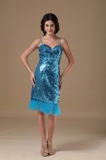 Tea Length Sequin Fabric Peacock Blue Short Prom Dress