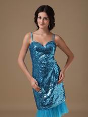 Tea Length Sequin Fabric Peacock Blue Short Prom Dress