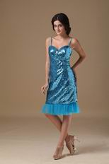 Tea Length Sequin Fabric Peacock Blue Short Prom Dress