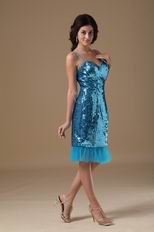 Tea Length Sequin Fabric Peacock Blue Short Prom Dress