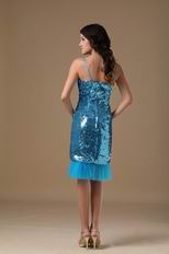 Tea Length Sequin Fabric Peacock Blue Short Prom Dress