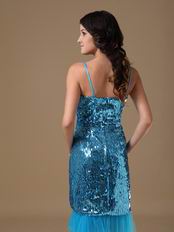 Tea Length Sequin Fabric Peacock Blue Short Prom Dress