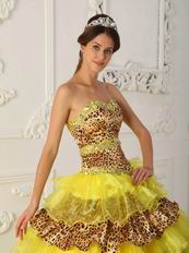 Beautiful Yellow And Leopard Print Layers Design Quinceanera Dress On Sale