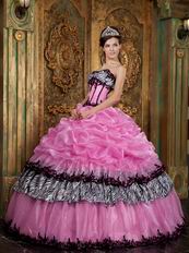 Pink Strapless Picks-Up Bubble Layers Quinceanera Dress With Zebra