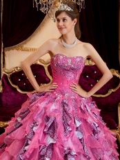 Hot Pink Ball Gown Sweetheart Leopard Print Floor-length Beading Leopard and Organza Quinceanera Dress Sweetheart Hot Pink Organza And Leopard Print Ruffled Quinceanera Dress