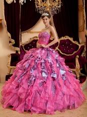 Hot Pink Ball Gown Sweetheart Leopard Print Floor-length Beading Leopard and Organza Quinceanera Dress Sweetheart Hot Pink Organza And Leopard Print Ruffled Quinceanera Dress