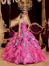 Hot Pink Ball Gown Sweetheart Leopard Print Floor-length Beading Leopard and Organza Quinceanera Dress Sweetheart Hot Pink Organza And Leopard Print Ruffled Quinceanera Dress