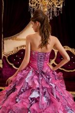 Hot Pink Ball Gown Sweetheart Leopard Print Floor-length Beading Leopard and Organza Quinceanera Dress Sweetheart Hot Pink Organza And Leopard Print Ruffled Quinceanera Dress