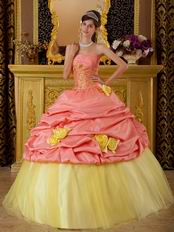 Watermelon Taffeta Quinceanera Dress With Yellow Hand Made Flowers