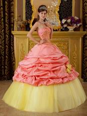 Watermelon Taffeta Quinceanera Dress With Yellow Hand Made Flowers