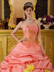 Watermelon Taffeta Quinceanera Dress With Yellow Hand Made Flowers