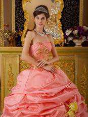 Watermelon Taffeta Quinceanera Dress With Yellow Hand Made Flowers