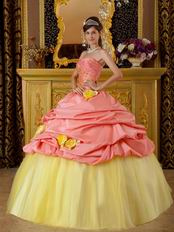 Watermelon Taffeta Quinceanera Dress With Yellow Hand Made Flowers