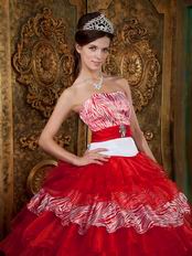 Fashion Zebra And Red Organza Layers Ruffled Skirt Winter Quinceanera Dress